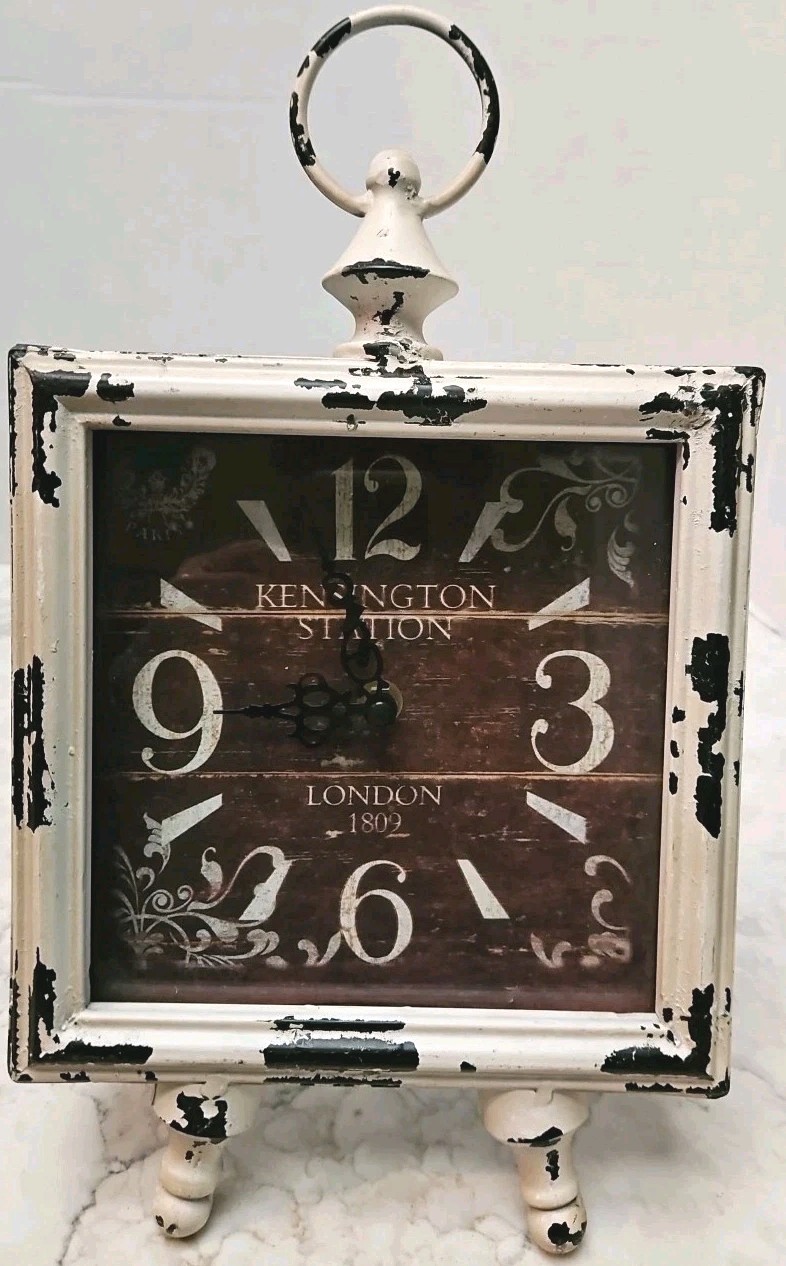 Table clock metal square Distressed White English Cottage Core London works