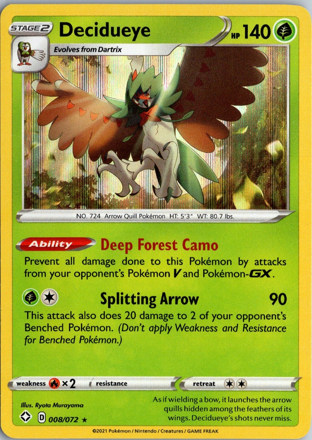 Decidueye Shining Fates 008/072 Holo Rare NM