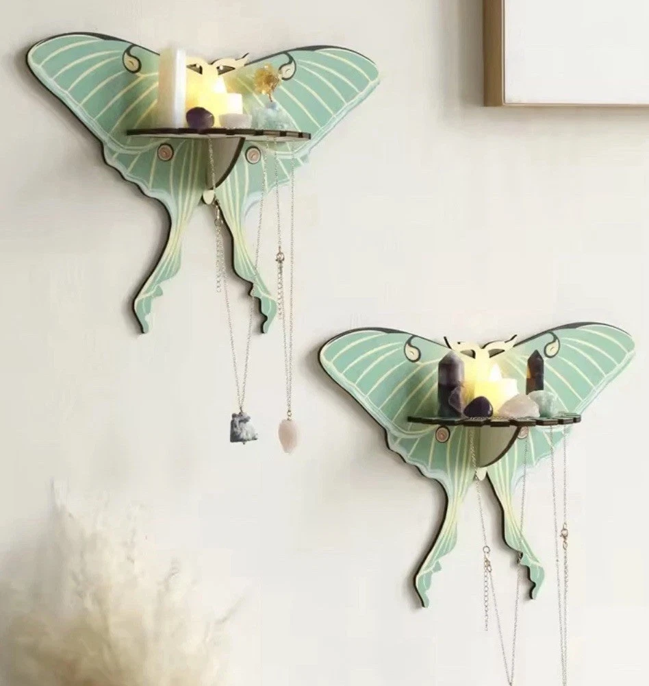 Butterfly Wall Shelf Set of 2 Wooden Hanging Shelf Decor Boho Room Storage 12”