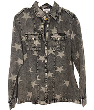 Macaron  Black Star Patriotic Jeans Jacket Snap Button Casual Size Small Nwt
