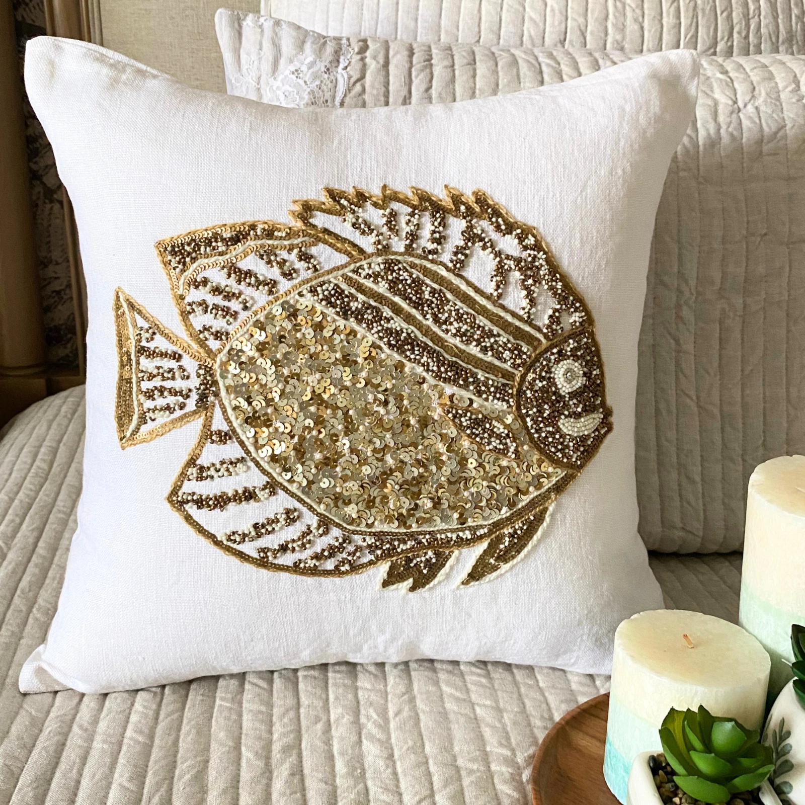 Throw Pillow Cover Ivory 16"x16", Couch Decor Linen Fabric - Glamour Fish
Opens in a new window or t