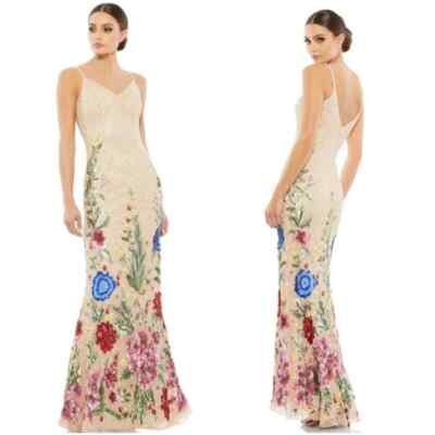 Mac Duggal Floral Embellished Spaghetti Strap Gown Nude/Multi Size 12 NWT