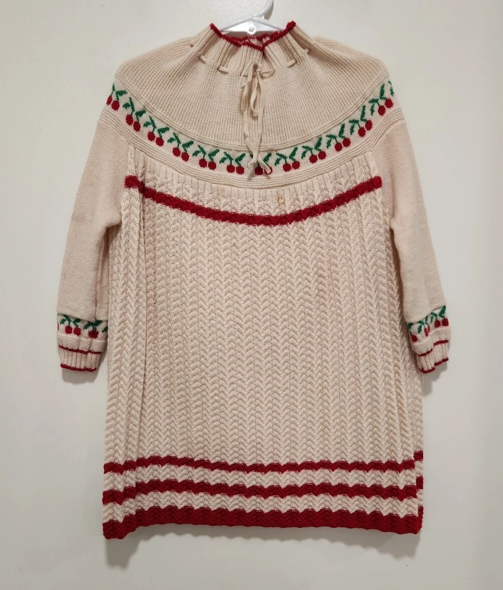 Kalinka Ivory Knit Cherry Marino Wool Dress Girl's Size 1-2