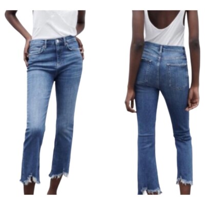 Zara Medium Wash The Bootcut Raw Hem High-Rise Crop Bootcut
