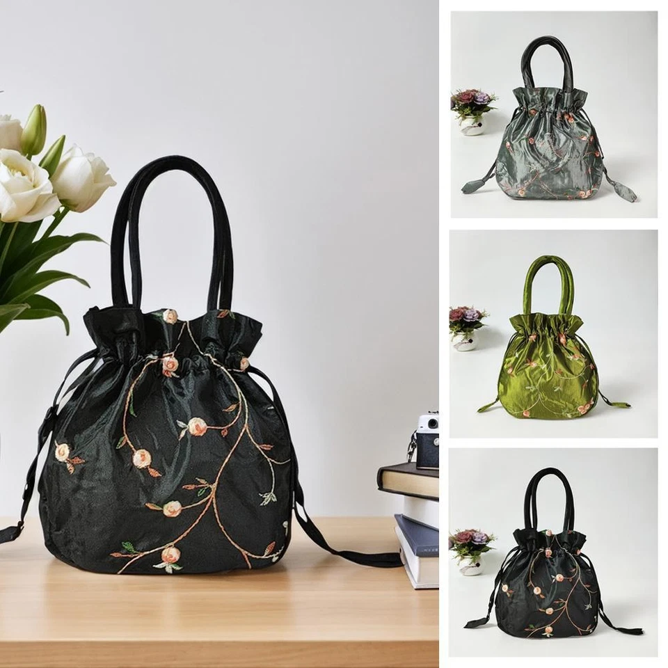 New Womens Small Embroidered Handbag Ethnic Style Drawstring Bucket Bag! - Image 3 of 4