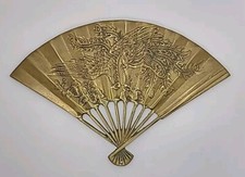 Vintage Solid Brass Oriental Hand Fan Dragon Phoenix Wall Decor Mid Century.