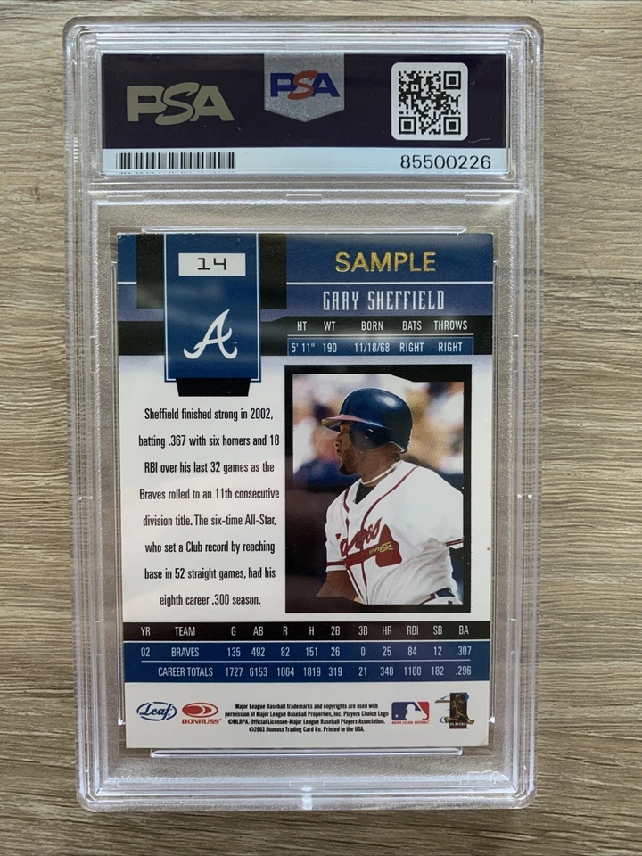 2003 Leaf Certified Material Gary Sheffield #14 Sample PSA DNA Slabbed Autograph - Image 2 of 2