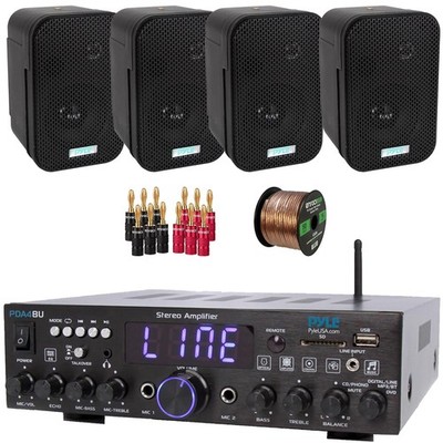 Pyle USB Bluetooth Stereo Home Receiver, 4x 3.5'' 300W Speakers, Banana Plugs