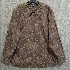 Chaps Paisley Button Up Shirt Women Plus 3X Green Purple Metal Button Top Office