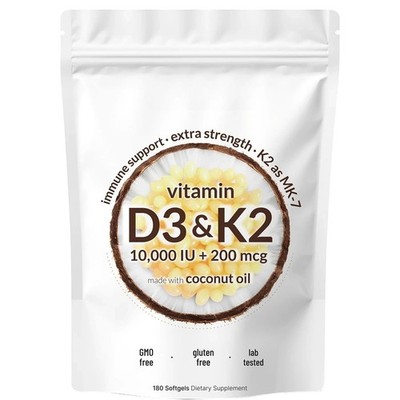 Vitamin D3 10,000IU Vitamin K2 200mcg MK-7 Meenaquinanone 200mcg Coconut Oil