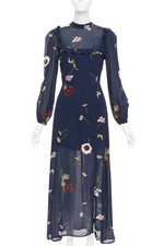 REFORMATION Gillian navy viscose floral print hi neck peasant dress US2 S