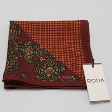 Roda NWT 100 Wool Pocket Square In Red w/ Orange, Yellow  Blue Geometric