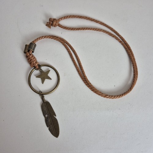 Brown Cord Rope Long Necklace Brass Tone Feather & Star Pendant Boho Lagenlook