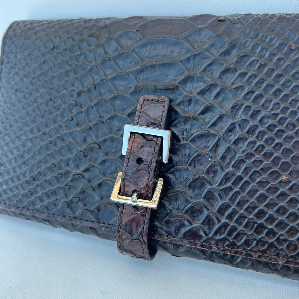 Cartera sin asas Hugo Boss vintage marrón en relieve de cocodrilo triple pliegue hebilla billetera Foto 3 de 4