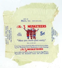 1940s 3 Musketeers 5c candy bar wrapper 1-5/8 oz - Mars Chicago Illinois