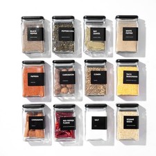 Glass Square Spice Jars with Labels, 4oz Glass Jars with Bamboo Lids, Spice B...
