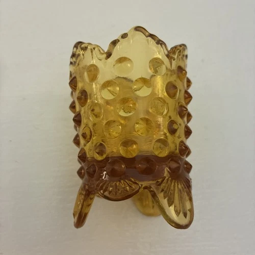 Vtg Fenton Amber Hobnail Toothpick Holder 3" Sawtooth Edge 3 Footed Base,