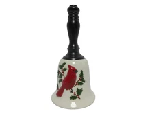 Christmas Cardinal Holly Berries On Branch Large Dinner Bell Brown Handle