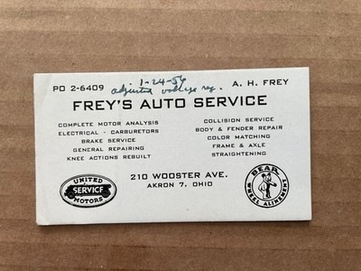 Vintage FREY'S AUTO SERVICE United Motors Bear Wheel Business Card Akron Oh #62