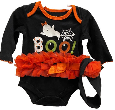 Halloween Baby Infant Girl's 0-3M Romper & Headband ''BOO!'' 2-Piece Ruffle NEW