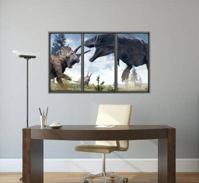Autocollant Mural 3D WindowScape – T-Rex Vs Triceratops | Sticker Fenêtre Dinosaure Jurassic