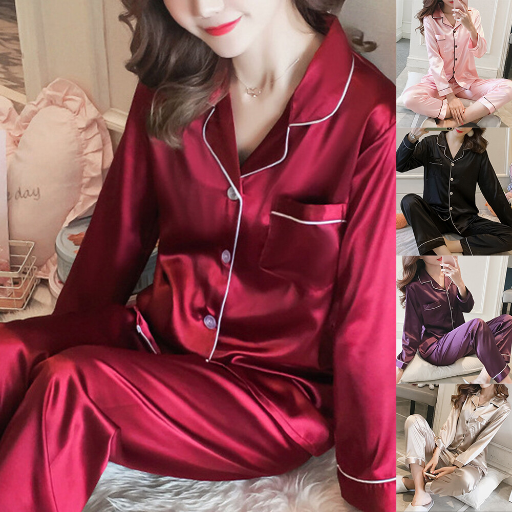 Womens Satin Pyjamas Ladies PJs Silk Long Sleeve Soft Sleepwear Nightwear  Set UK | eBay