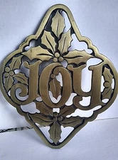 Christmas JOY Metal Gold Colored Trivet Wall Hanging Designed Christmas Holly
