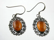 BOMA Sterling Silver Amber Cabochon Drop Earrings 925 6g 1.5 Inches