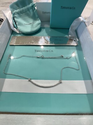 Tiffany & Co 18k White Gold Large Diamond T Smile Necklace | eBay