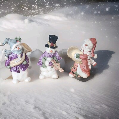 3 Christmas Holiday Snowmen Santa Figurines Violin Horn Tuba Tambourine Hats