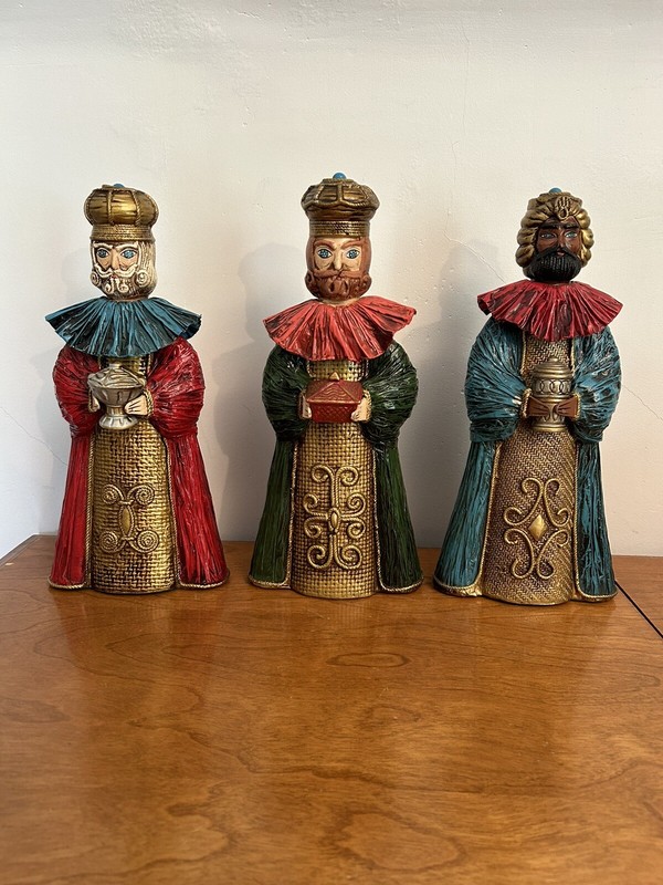 Vintage Three Kings Wise Men Set ~Candle Holders Paper Marche Stained Glass Eyes