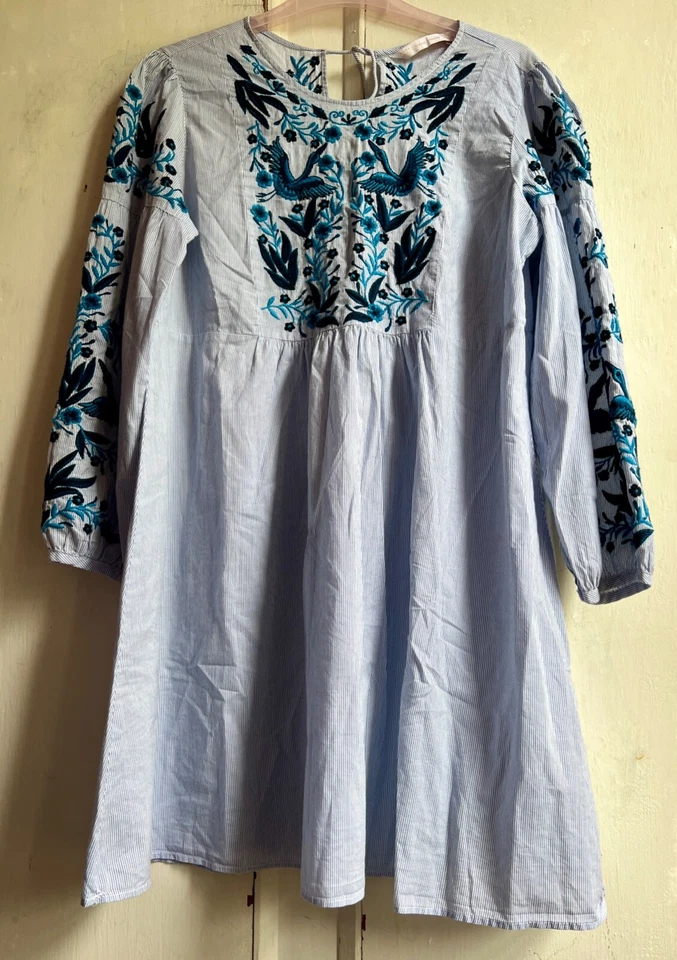 Top túnica ZARA grande azul a rayas algodón boho gitano borla bordada Foto 4 de 4