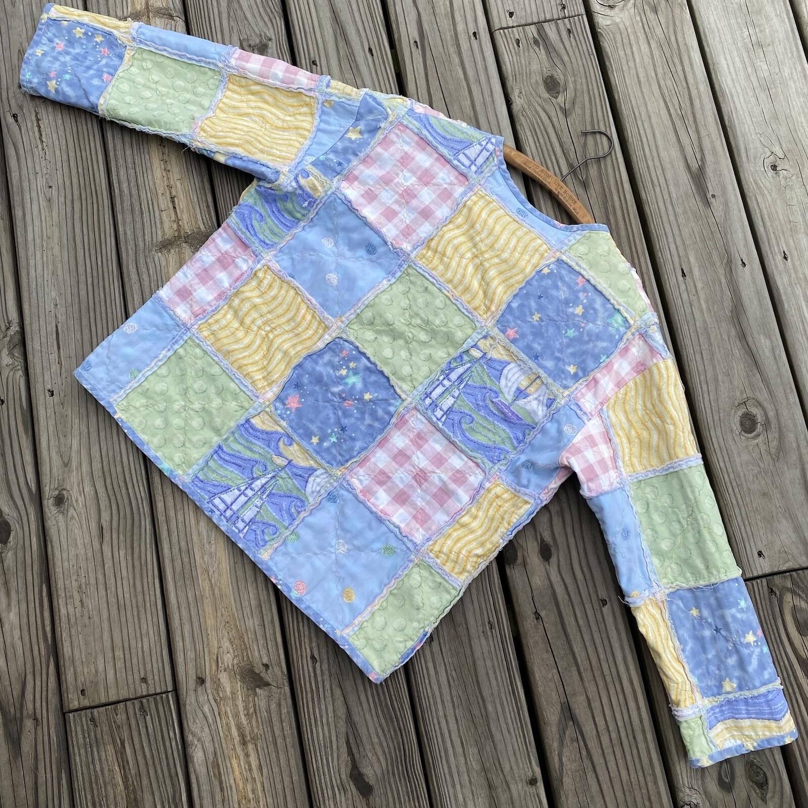 Quilted Patchwork Coat Jacket Pastel Plaid - image 2