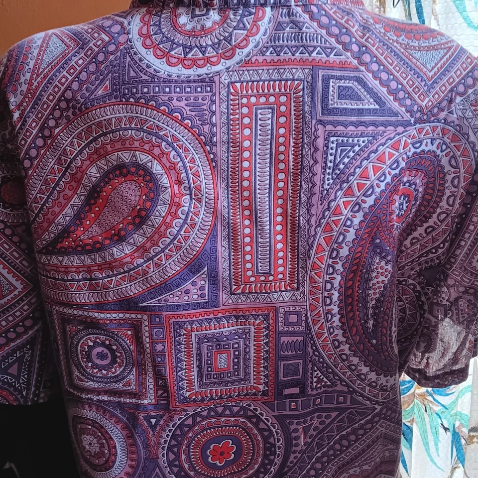 Blusa XL Vintage Años 70 Donna Lee Camisa Abotonada Púrpura Rojo Cachemira Geométrica Foto 4 de 4