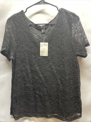 H M Women's Black Lace Overlay Short Sleeve Loose Basic T-Shirt