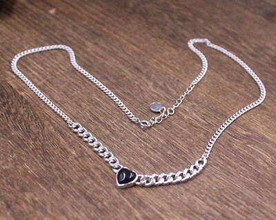 Real 925 Sterling Silver Chain Men Women Black Heart Cuban