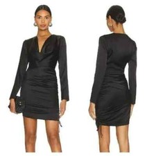 More to Come Little Black Satin Mini Dress Long Sleeve Draped Neck Size XXS ~NWT
