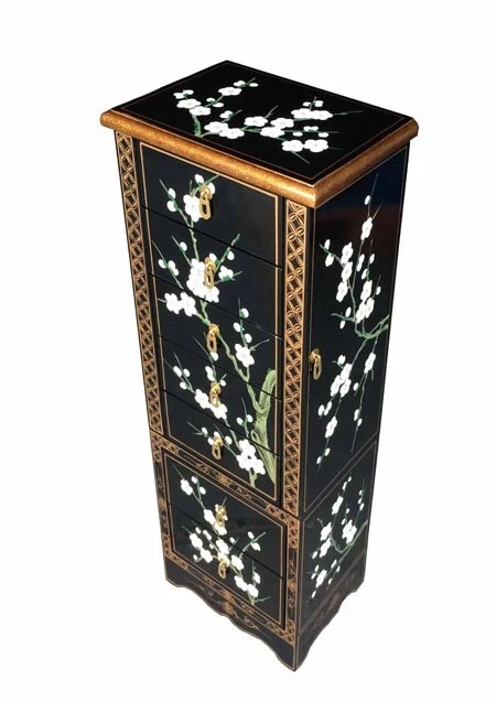Oriental Chinese Black Lacquer Jewellery Armoire Cabinet Box Blossom Design