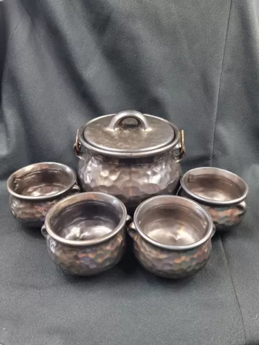 VTG MCM McCoy Bean Pot w 4 Serving Crocks Hammered Metallic Stoneware 