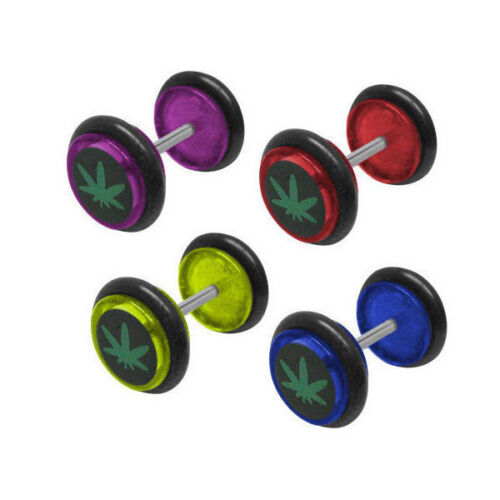 14 Gauge Pair of Acrylic Pot Leaf Logo Ear Plugs surgical steel shaft 4 Colors - Afbeelding 1 van 12