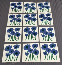 Anita Beck Art Screen Print Blue Flowers Marushka Style 9" Quilt Blocks Lot 12