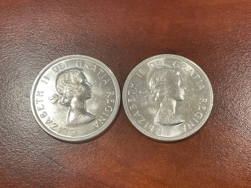 Lot of 2 - 1957 Canada Silver Dollars - 80% SilverCoins in High Grade Condition