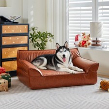 Leather Dog Bed Couch for Large Dogs Under 70 lbs, Brown Luxurious Vintage El...