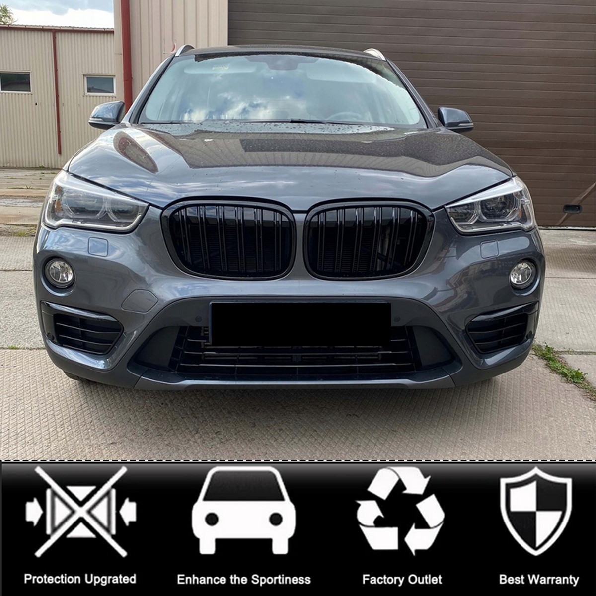 Glossy Black Dual Slats Front Kidney Grille Grill For 2016-2019 BMW X1 F48 F49