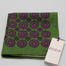 Roda NWT 100 Wool Pocket Square In Green with Purple Geometric Print
