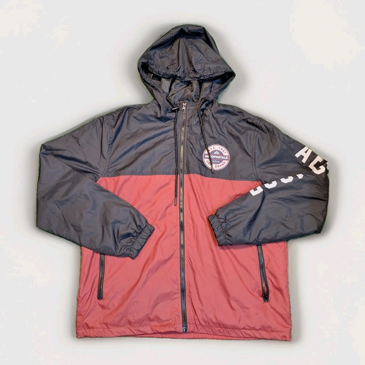 Aeropostale Windbreaker Jacket Men’s XL Black Red Colorblock Full Zip Hooded...