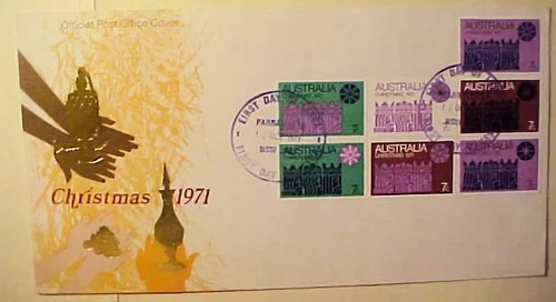 AUSTRALIA  FDC BLOCK OF 7 CHRISTMAS 1971 #498A CAT 25.00 E (=$ 38.00) FOR STAMPS