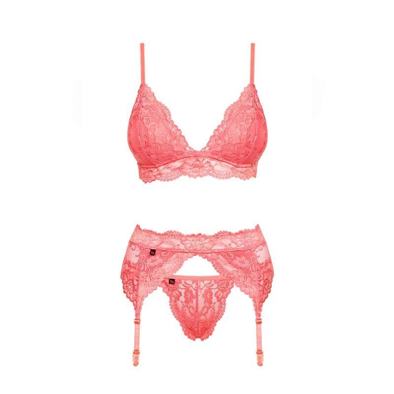 Sexy 3-tlg Damen Spitzen Dessous-Set Unterwäsche Coral #UW349 - Bild 3 von 4