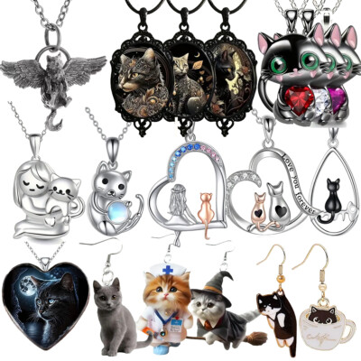 Cat Kitten Feline Jewelry Animal Pet Pendant Necklace Earrings