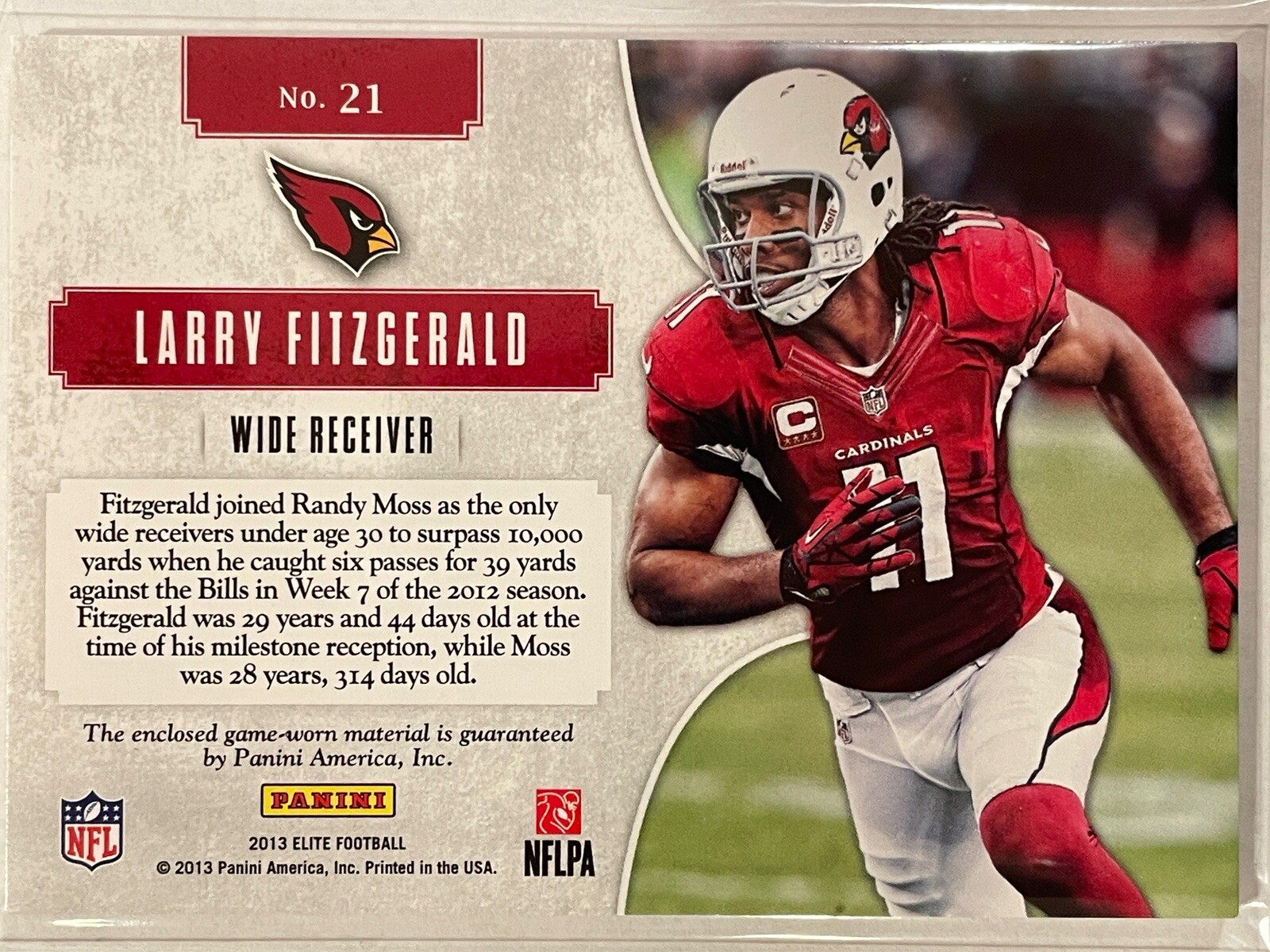Larry Fitzgerald 2013 Panini Elite Gridiron Game Used Jersey Card /199 HOF #21 view 3